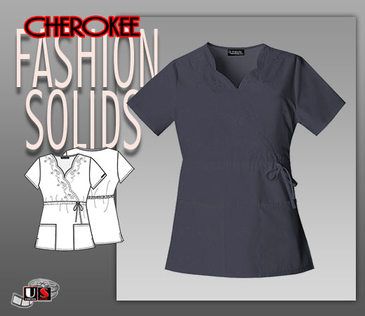 Cherokee Fashion Solids Mock Wrap Embroidered Top in Pewter - Click Image to Close