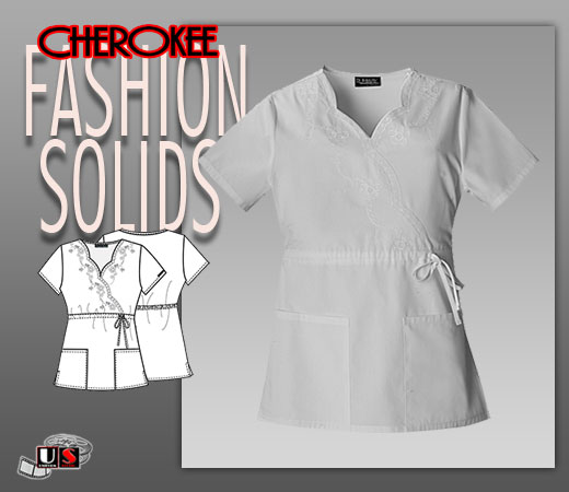 Cherokee Fashion Solids Mock Wrap Embroidered Top in White - Click Image to Close