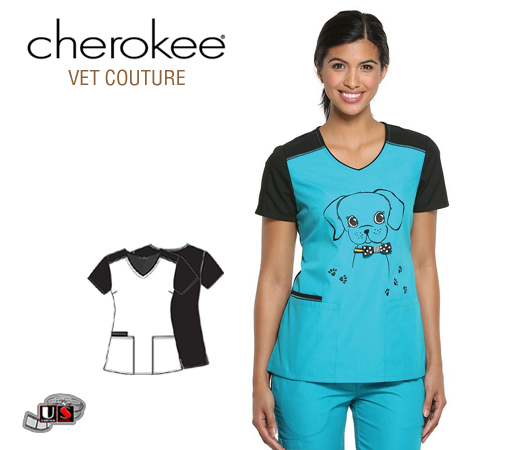 Cherokee Vet Fashionable Give A Dog A Bow V-Neck Top - Click Image to Close