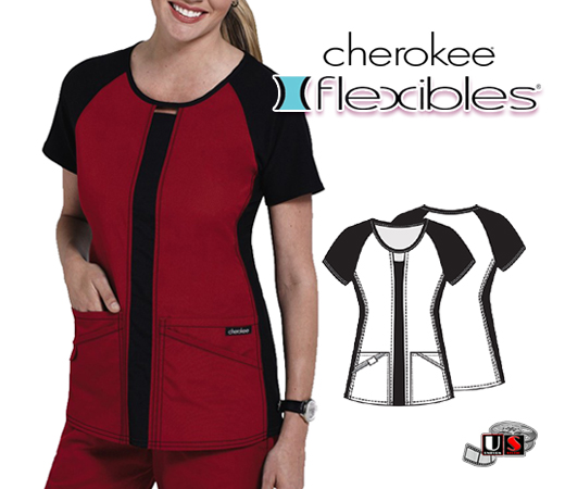 Cherokee Flexibles Scrub Color Blocked Round Neck Knit Panel - Click Image to Close