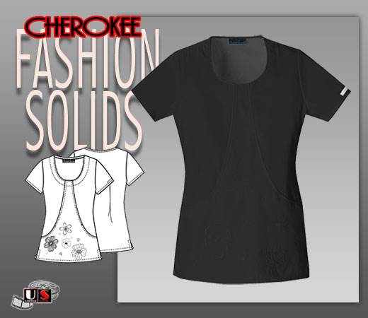 Cherokee Fashion Solids Round Neck Embroidered Top in Black - Click Image to Close