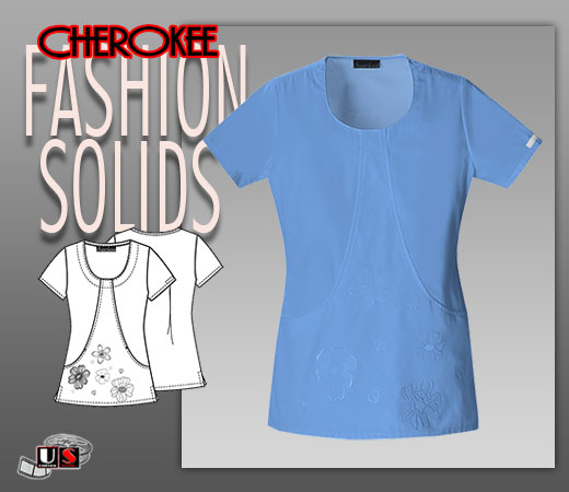 Cherokee Fashion Solids Round Neck Embroidered Top in Ciel - Click Image to Close