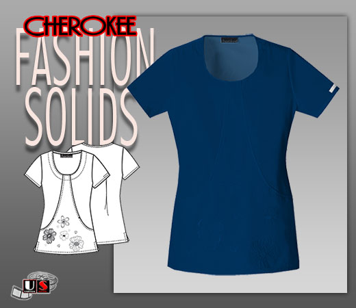 Cherokee Fashion Solids Round Neck Embroidered Top in Navy - Click Image to Close