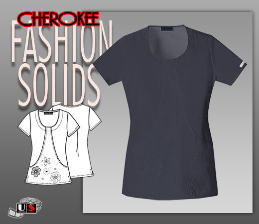 Cherokee Fashion Solids Round Neck Embroidered Top in Pewter - Click Image to Close