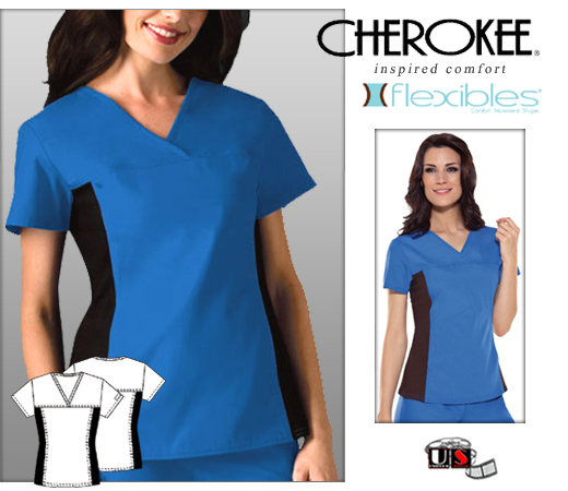 Cherokee Solid Flexibles V-Neck Scrub Top - Black Side Panels - Click Image to Close