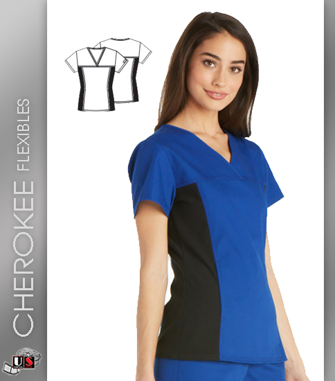 Cherokee Flexibles Women's V-Neck Short Sleeve Knit Panel Top - Click Image to Close