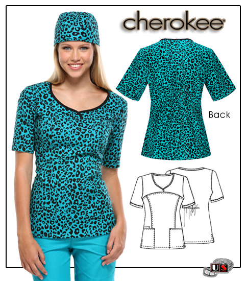 Cherokee Printed Cheetah Teal V-Neck Top - Click Image to Close