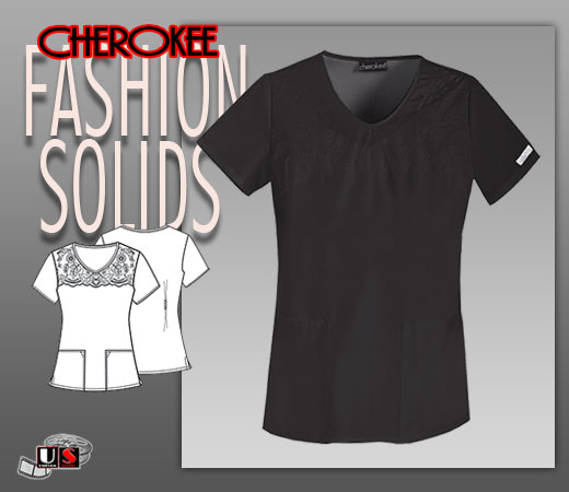 Cherokee Fashion Solids V-Neck Embroidered Top in Black - Click Image to Close