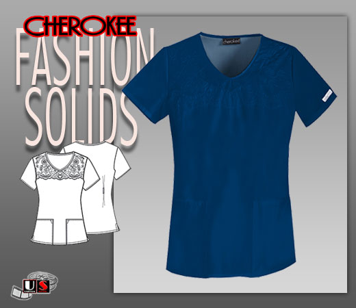 Cherokee Fashion Solids V-Neck Embroidered Top in Navy - Click Image to Close