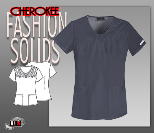 Cherokee Fashion Solids V-Neck Embroidered Top in Pewter - Click Image to Close