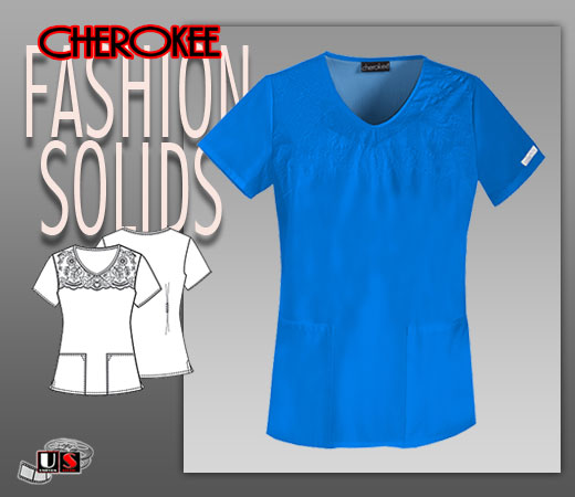 Cherokee Fashion Solids V-Neck Embroidered Top in Royal - Click Image to Close
