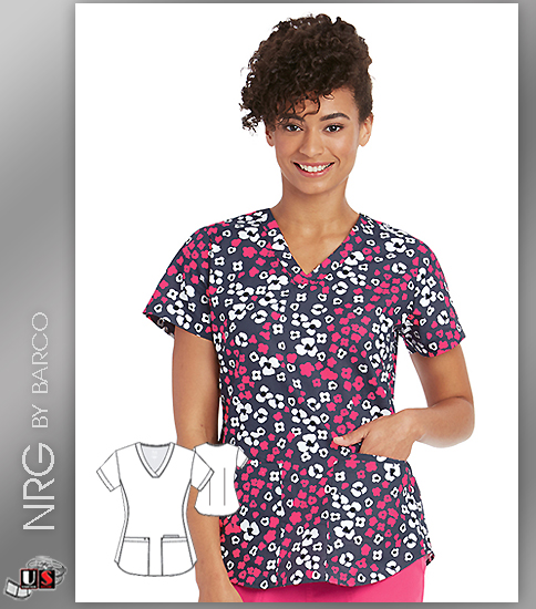 NrG By Barco Camo Flower V-Neck Print Scrub Top - Click Image to Close