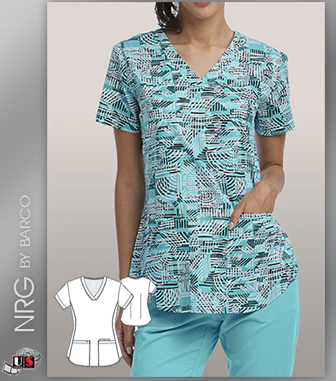 NrG By Barco Sun Dial V-Neck Print Scrub Top - Click Image to Close