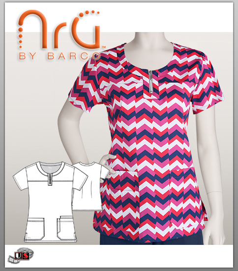 NRG by Barco Chevy Zipper Scoop Neck Print Scrub Top - Click Image to Close