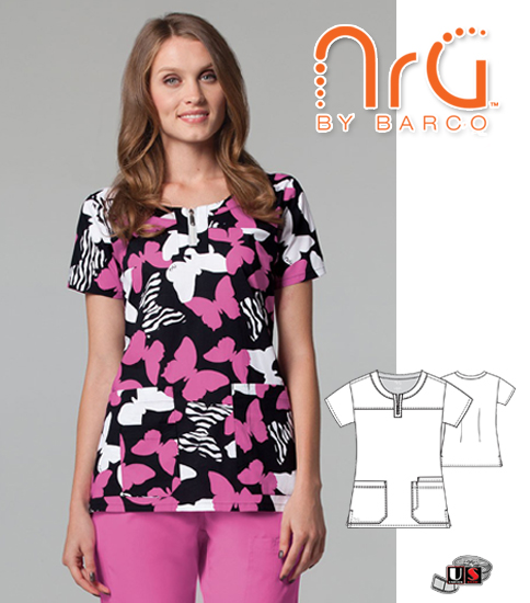 NRG by Barco Lucy Zipper Scoop Neck Print Scrub Top - Click Image to Close