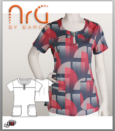 NRG by Barco Pacman Zipper Scoop Neck Print Scrub Top - Click Image to Close