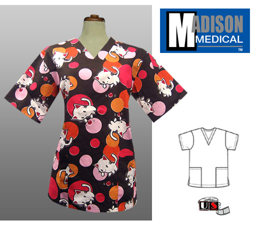 Madison Medical Printed V-Neck Scrub Top - Kitty - Click Image to Close