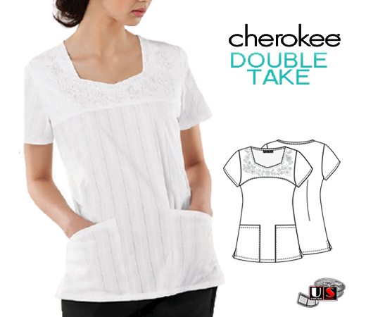 Cherokee Double Take Scrub Square Neck Embroidered Top - Click Image to Close