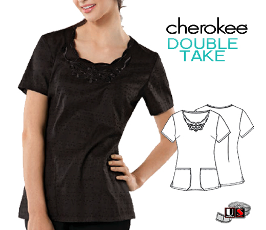 Cherokee Double Take Scrub Round Neck Embroidered Top - Click Image to Close