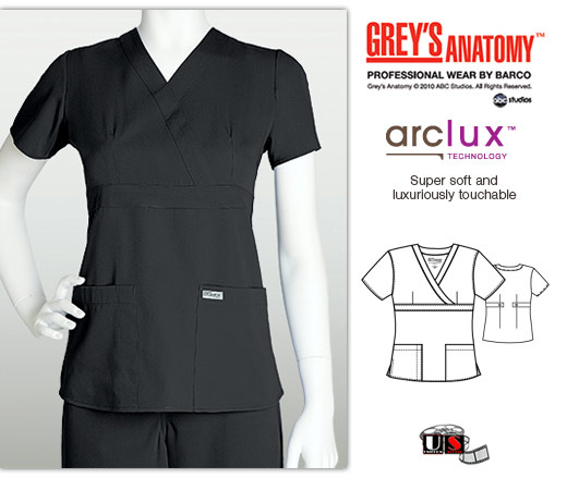 Grey's Anatomy 3 - Pocket Mock Wrap Scrub Top Black - Click Image to Close