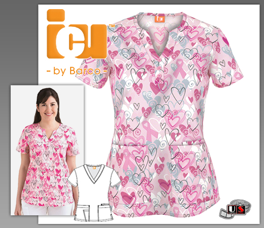 Barco ICU Pink Heart Women's Mock Placket Print Top - Click Image to Close