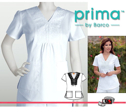 Barco Prima White 2 Pocket Embroidered V-Neck - Click Image to Close