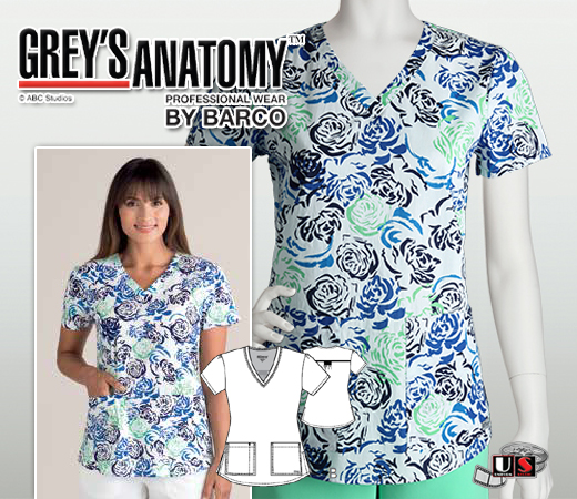 Grey's Anatomy Deja Women's 2 Pkt V-Neck Print Scrub Top - Click Image to Close