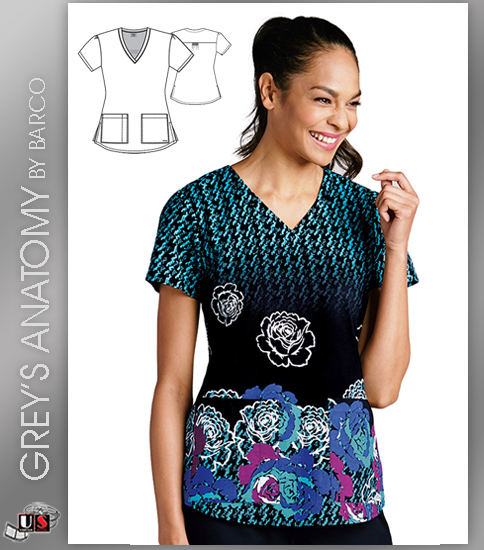 Grey's Anatomy Women's V-Neck Illusion Print Top - Duchess - Click Image to Close