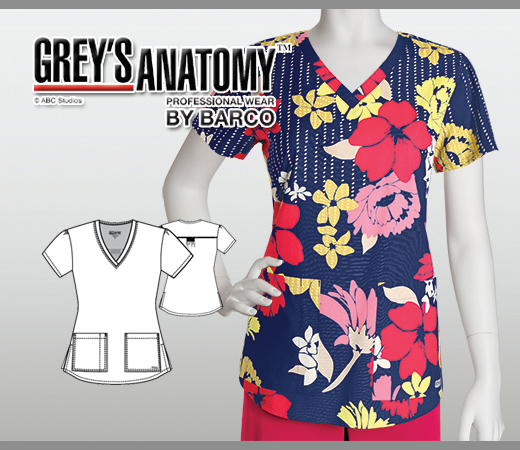 Greys Anatomy Karma 2 Pocket V-Neck Printed Top - KRM - Click Image to Close