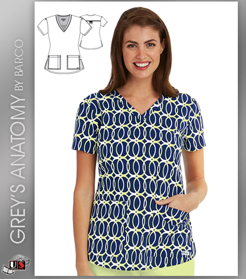 Grey's Anatomy Women's V-Neck Lemon Rings Print Scrub Top - Click Image to Close