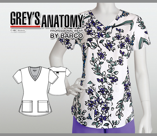 Greys Anatomy Lily 2 Pocket V-Neck Printed Top - LLY - Click Image to Close