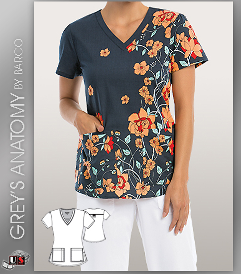 Grey's Anatomy Women's V-Neck Sweet Nouveau Print Scrub Top - Click Image to Close