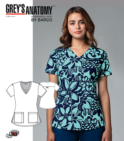 Grey's Anatomy Women's Simplicity 2 Pocket Square Neck Print Top - Click Image to Close