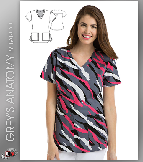 Grey's Anatomy Women's V-Neck Zebra Print Scrub Top - Click Image to Close