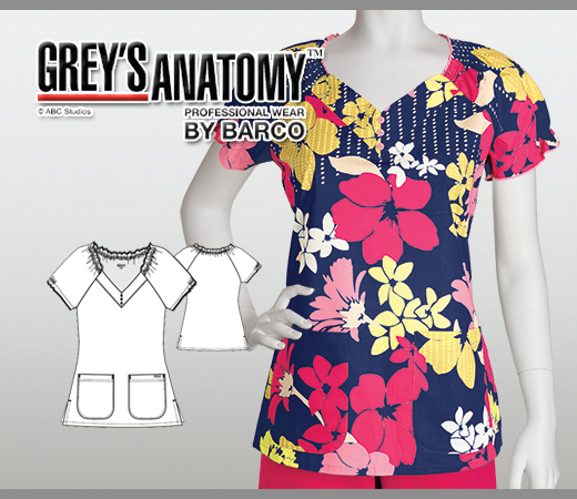 Greys Anatomy Karma 3 Pocket Raglan V-Neck Printed Top - KRM - Click Image to Close