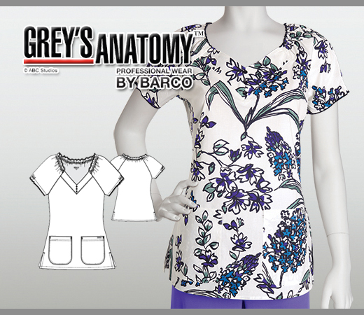 Greys Anatomy Lily 3 Pocket Raglan V-Neck Printed Top - LLY - Click Image to Close