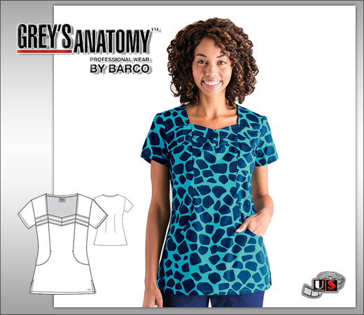 Grey's Anatomy Women's Safari 2 Pocket Square Neck Print Top - Click Image to Close