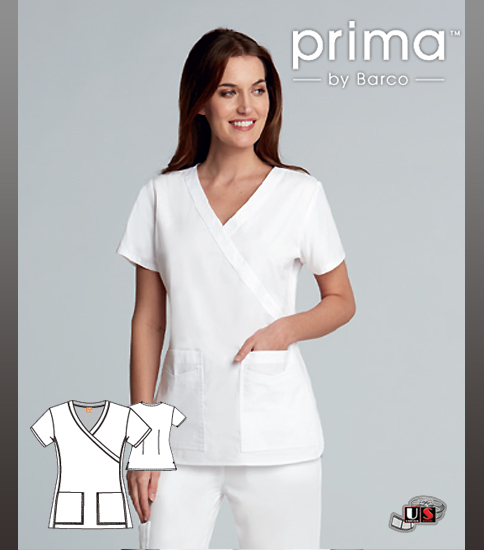 Prima Mock Wrap Fashion White Four Pockets Scrub Top - Click Image to Close
