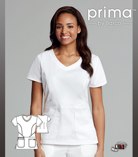 Prima Round Neck Fashion White Three Pockets Scrub Top - Click Image to Close