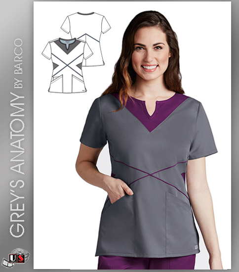 Grey's Anatomy Women's Split Neck Piping Inset Top - Granite - Click Image to Close