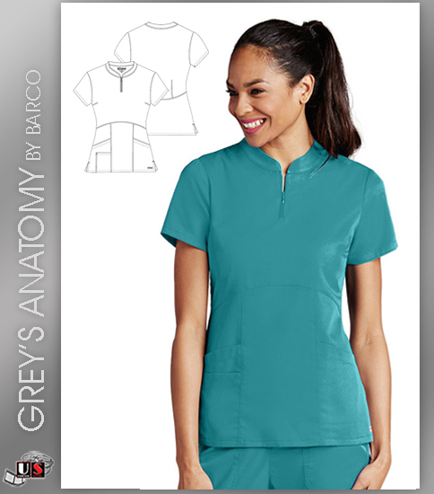 Grey's Anatomy Women's Zip Mandarin Collar Solid Scrub Top - Click Image to Close