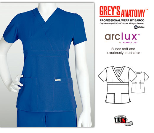 Grey's Anatomy 3 - Pocket Mock Wrap Scrub Top New Royal - Click Image to Close