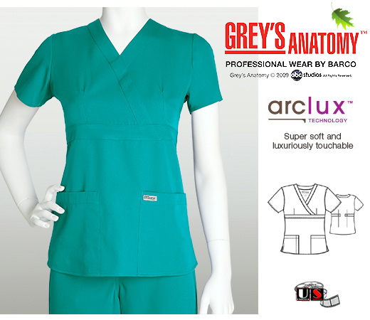 Grey's Anatomy 3 - Pocket Mock Wrap Scrub Top Teal - Click Image to Close