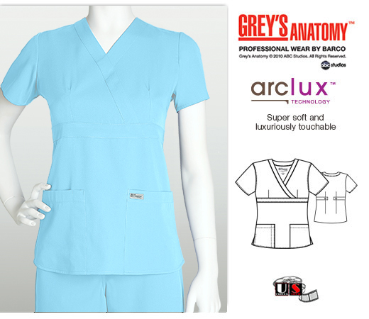 Grey's Anatomy 3 - Pocket Mock Wrap Scrub Top Sky Blue - Click Image to Close