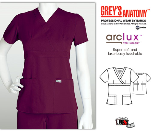 Grey's Anatomy 3 - Pocket Mock Wrap Scrub Top Wine - Click Image to Close