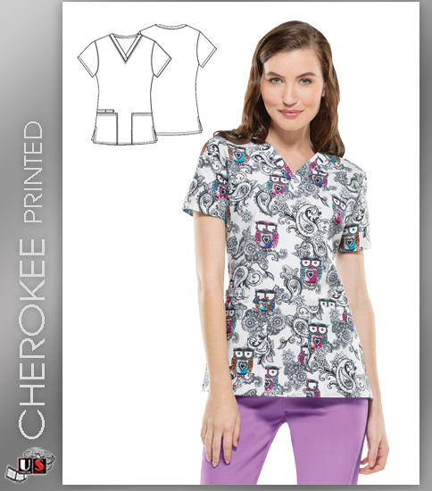 Cherokee Printed Look Hoo's Talking V-Neck Top - Click Image to Close