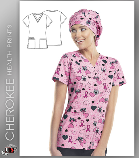 Cherokee Health Prints Owl About The Ribbon V-Neck Top - Click Image to Close