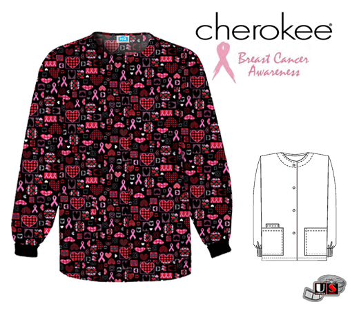 Cherokee Caring For The Cause Prntd Jewel Neck Snap Frnt Warm-Up - Click Image to Close