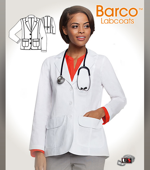 Barco's 28" Women's Button Flap-Pocket Short-Length Lab Coat - Click Image to Close