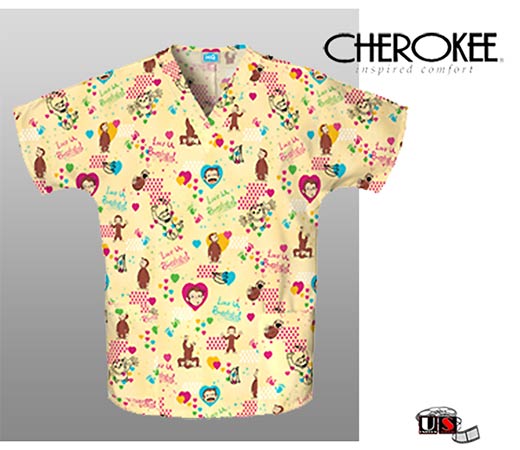 Cherokee HQ Curious George V-Neck Tunic Scrub Top - Click Image to Close